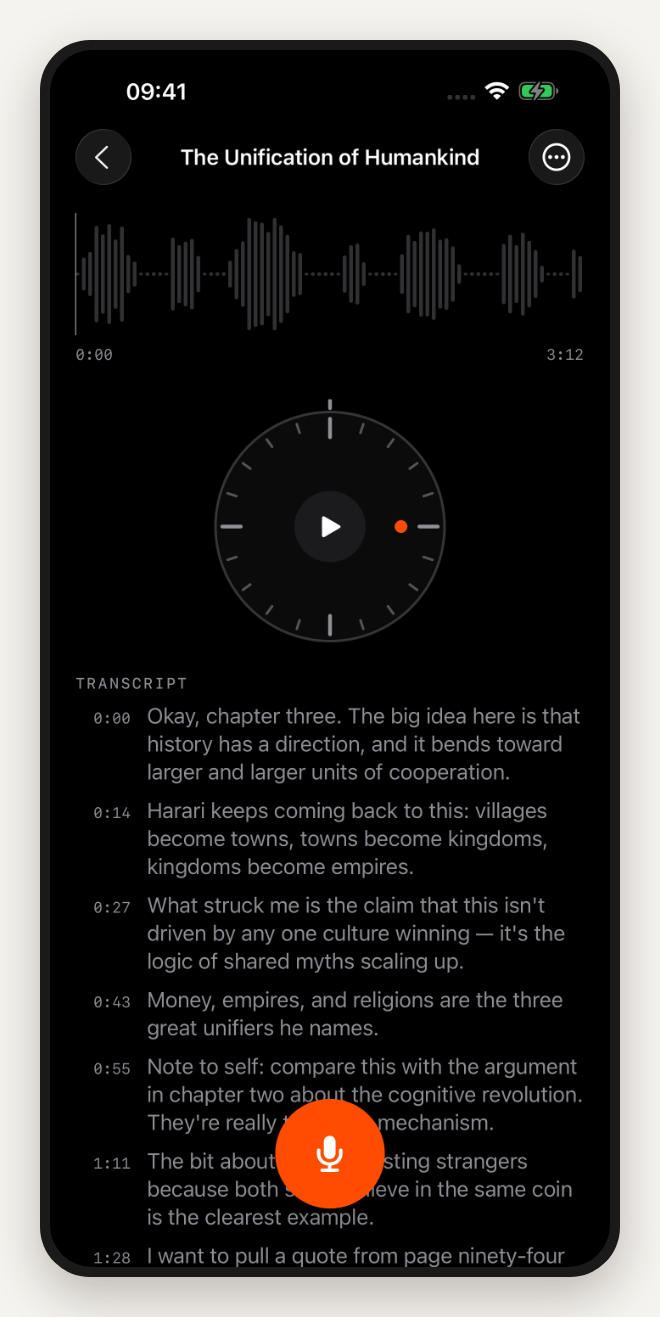 A memo with waveform, tape wheel, and transcript